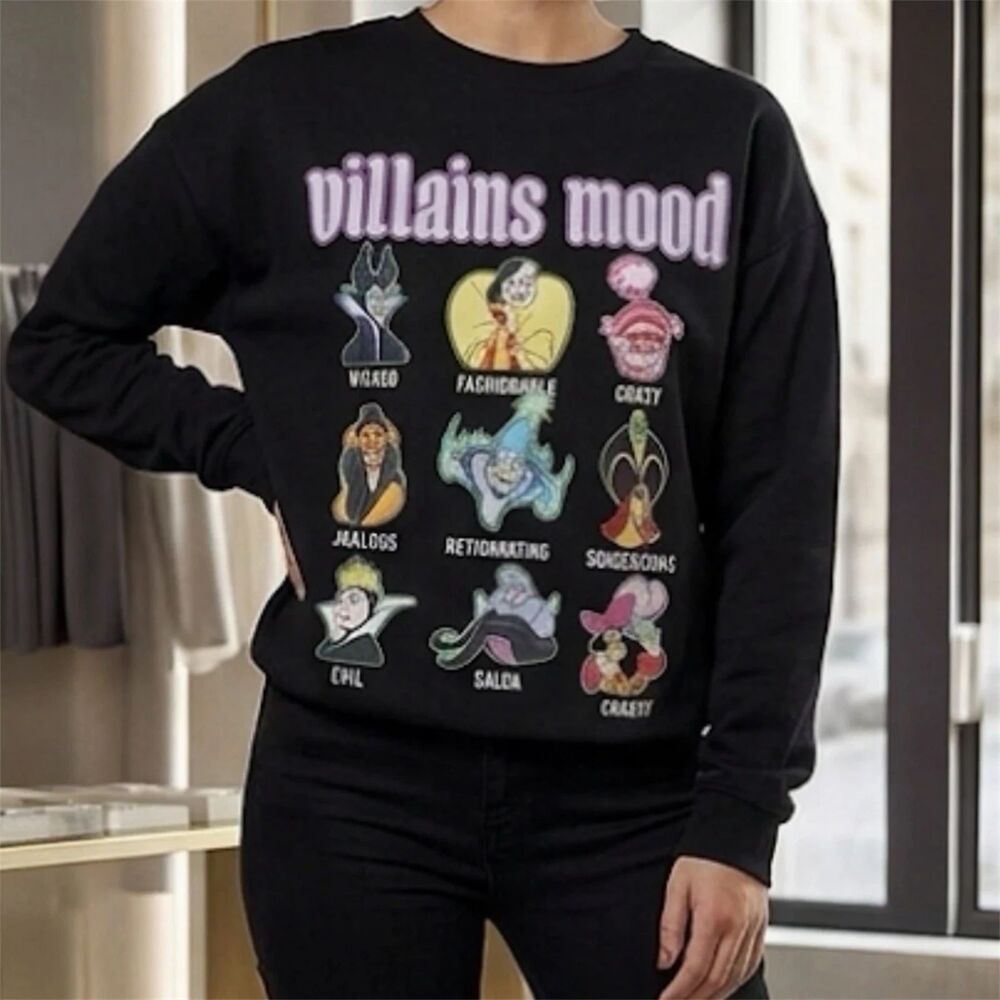 Disney Villains Characters Mood Sweatshirt Junior Womens XL Black Pullover